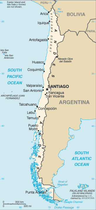 Political map of Chile Country Profile showing major cities.